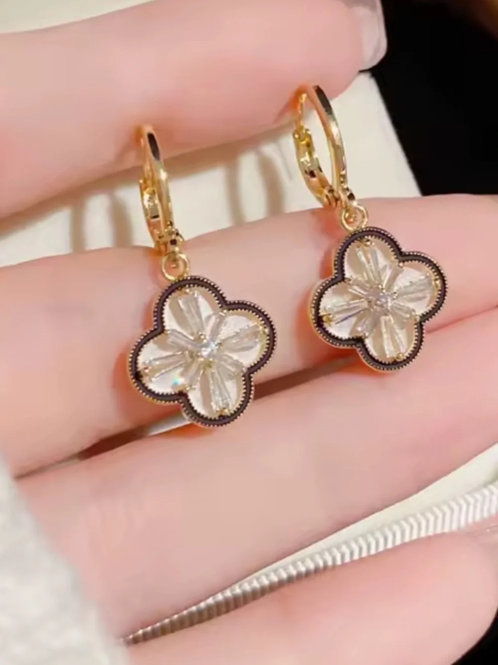 Anthropologie Gold and Clear Crystal Clover Drop Hoop Earrings